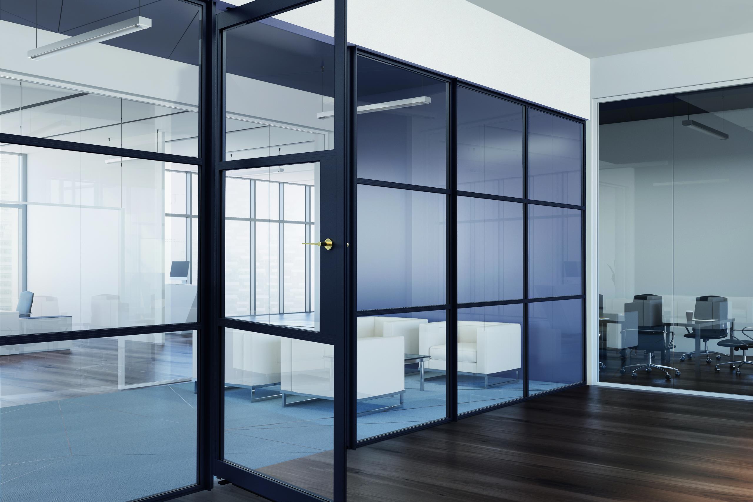 AluSpace slim aluminium framed internal glazed screen dividing a living space