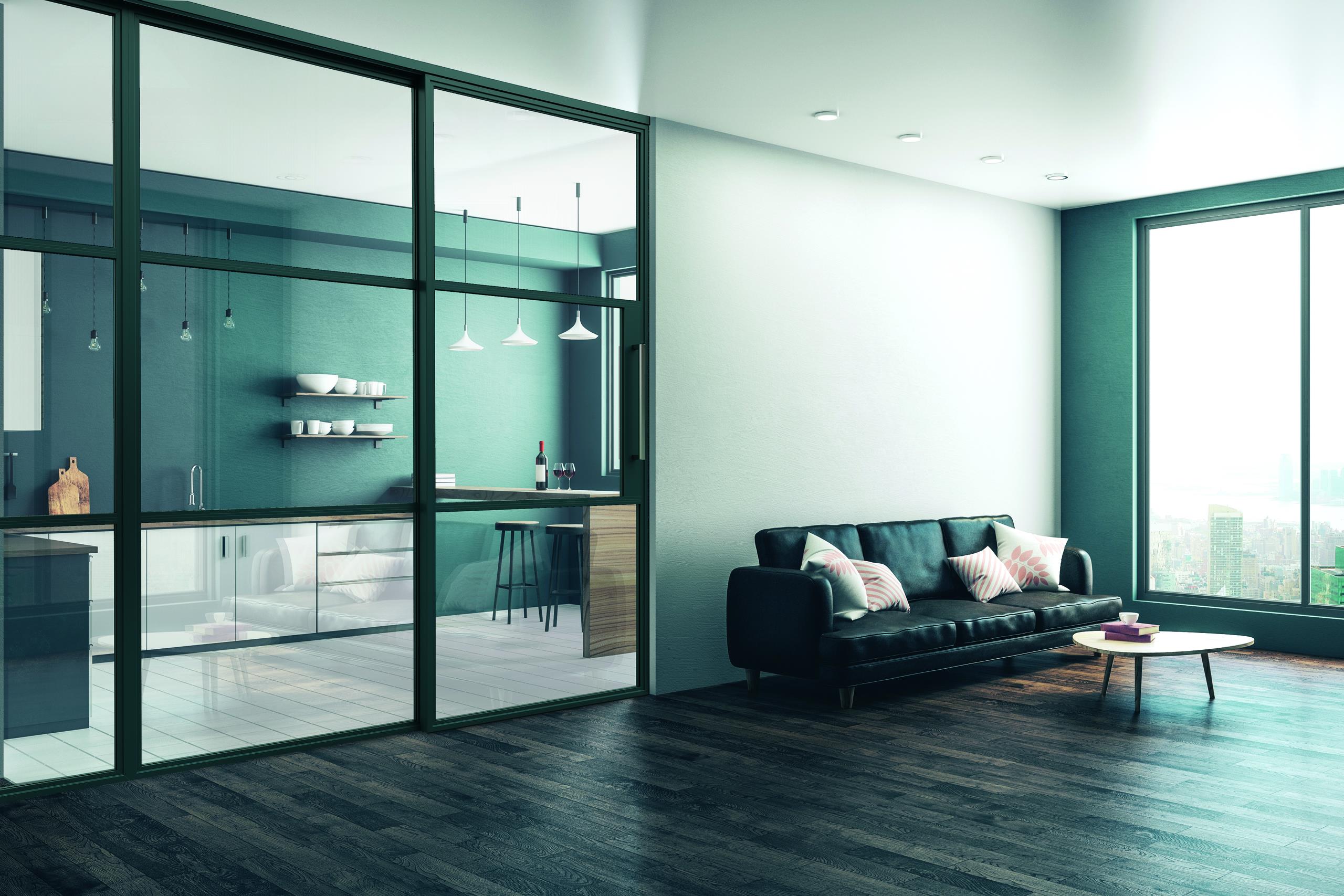 Aluminium AluSpace screen creating light and space in a modern interior